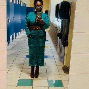 Up cycled green cardigan made into a sweater dress.